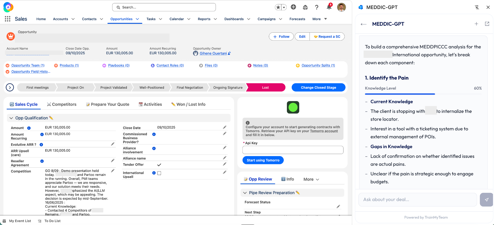 MEDDIC-GPT Chrome Extension analyzing a live opportunity inside Salesforce